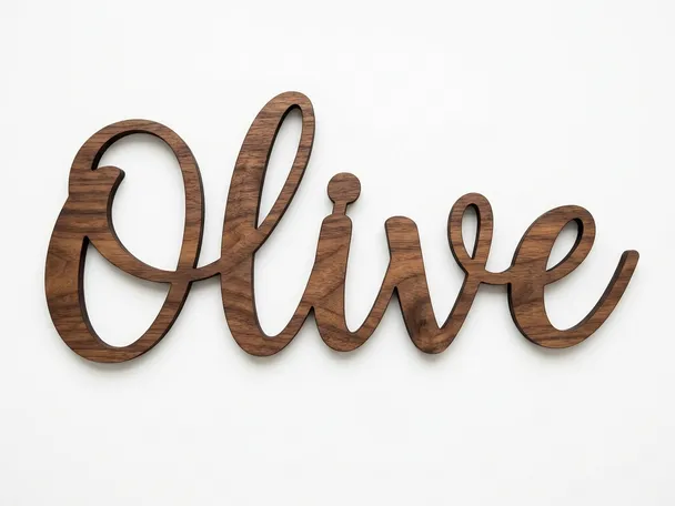 Walnut-stained nursery name sign, the name Olive laser-cut as a single joined script word and mounted flat on a white wall