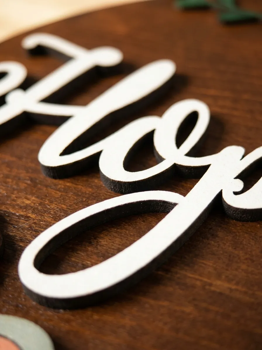 Macro close-up of the white script name and laser-cut animal detail on the round dark-stained wood baby sign
