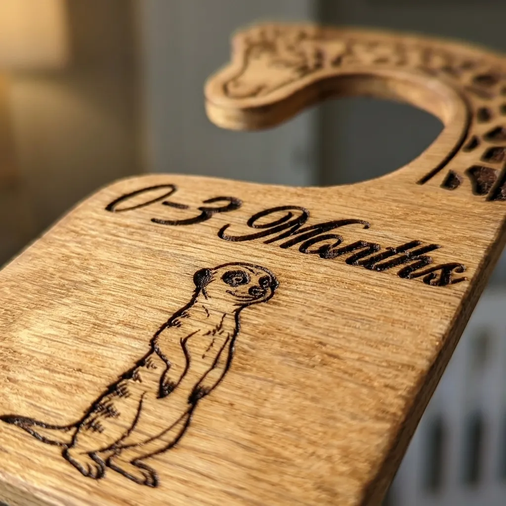 Macro close-up of a laser-engraved safari animal and size label cut into the hand-sanded Baltic birch divider face