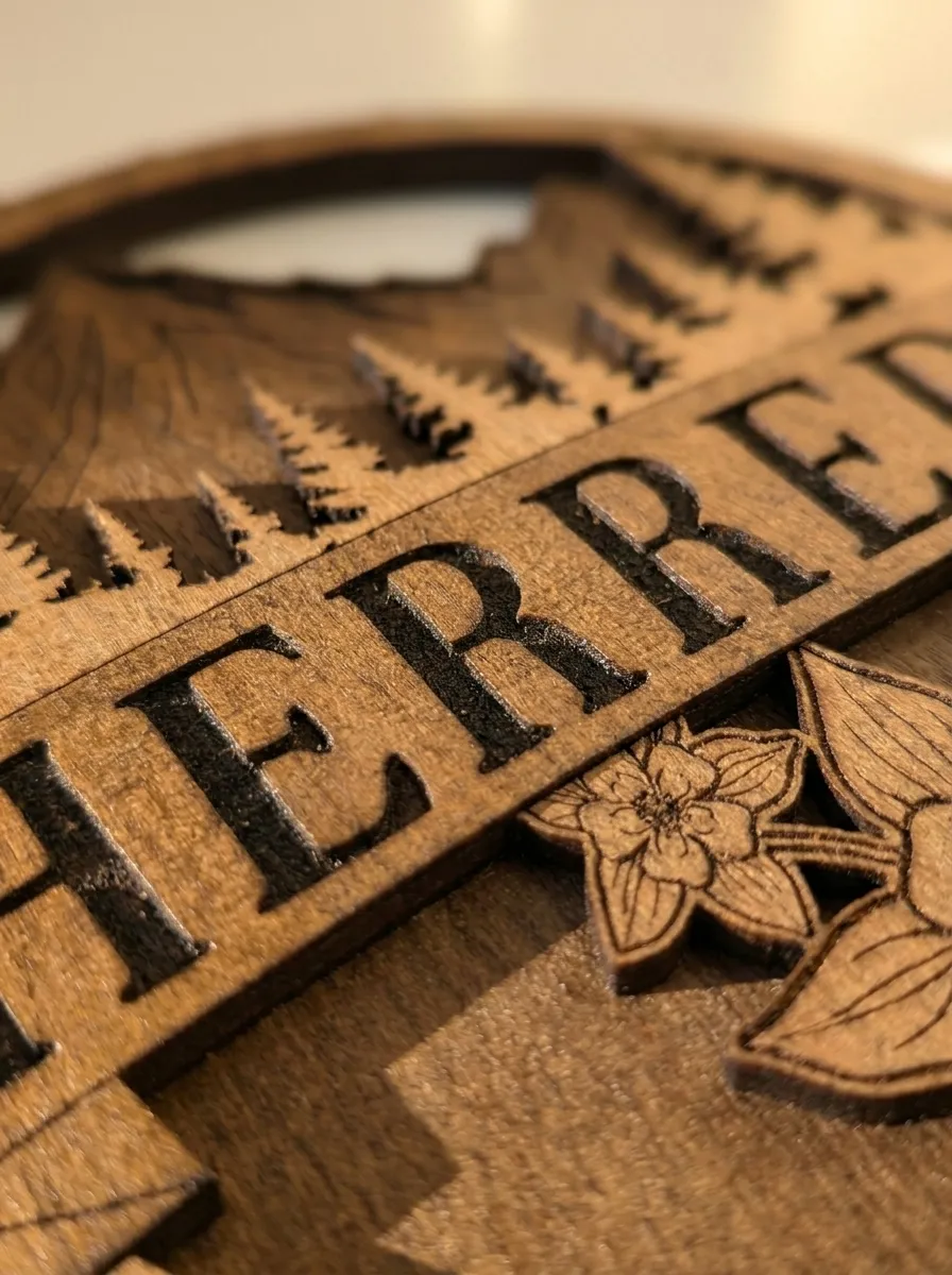 Macro close-up of the engraved name with layered pine trees and mountain silhouette cut into the wood sign
