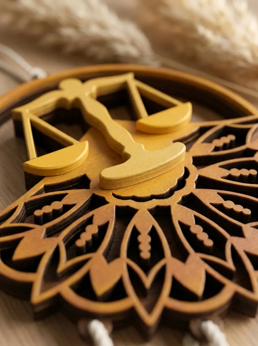 Macro close-up of the layered wood zodiac symbol and mandala rings with the natural cotton cord