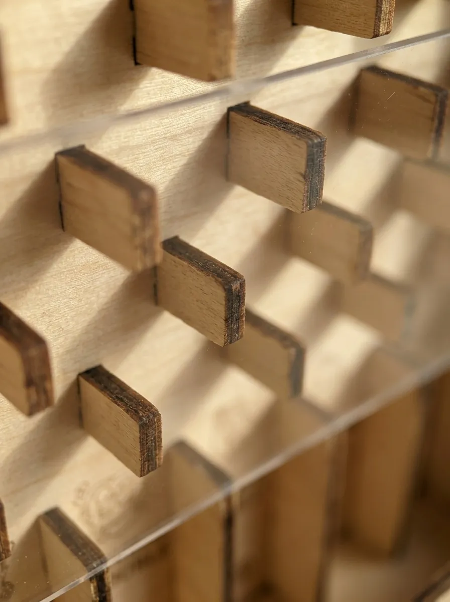 Macro close-up of the Baltic birch pegs and laser-cut detail behind the clear front of the prize drop board