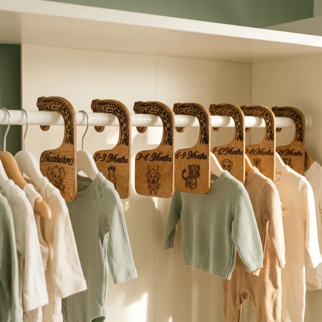 The safari closet dividers hanging in order on a nursery closet rod, sorting baby clothes by size