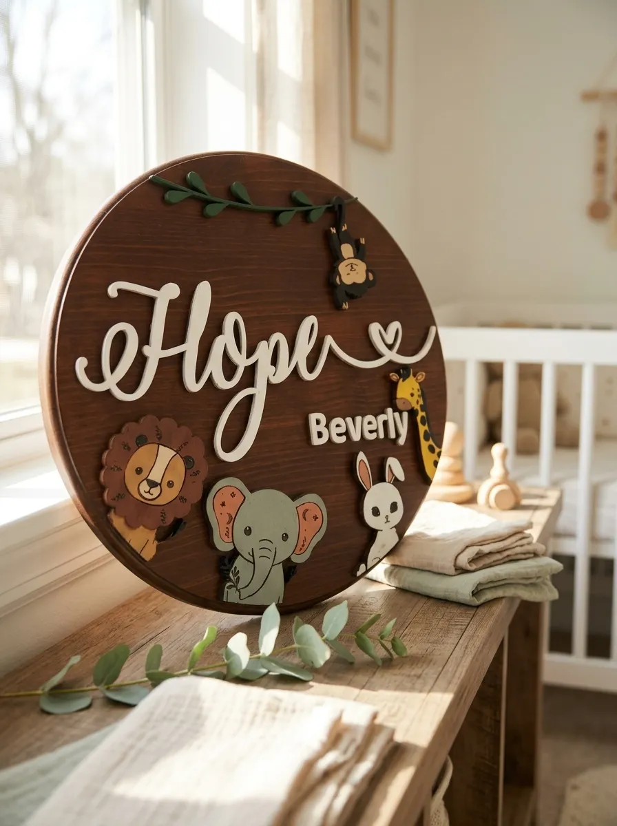 The round safari baby name sign leaning on a nursery shelf beside the crib with eucalyptus and folded blankets