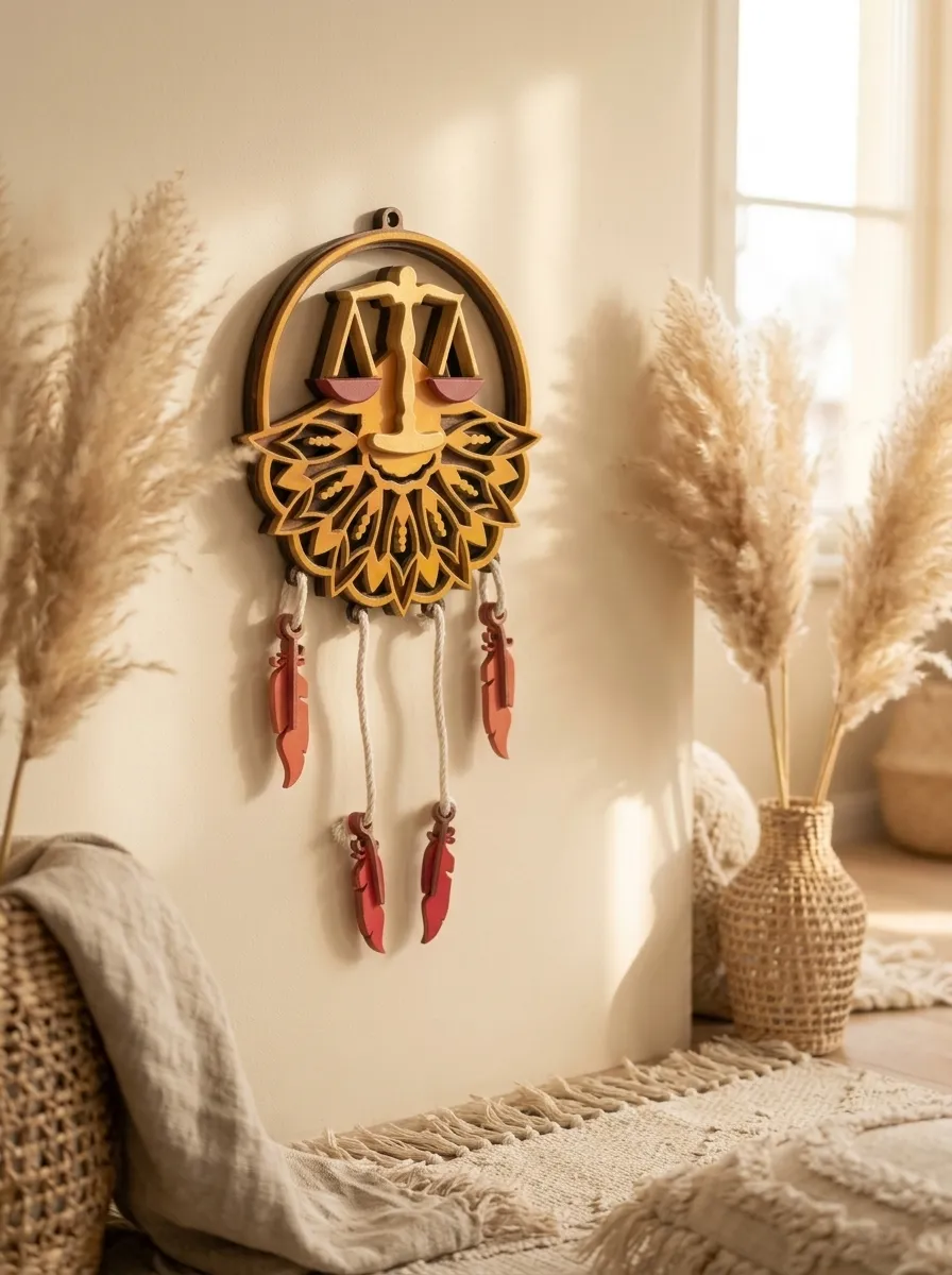 The layered wood zodiac wall art hanging on a neutral wall in a bohemian room with pampas grass