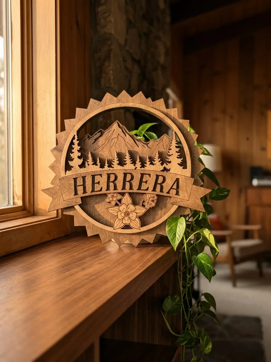 The round mountain name sign standing on a wood shelf in a warm cabin interior beside a window and trailing plant