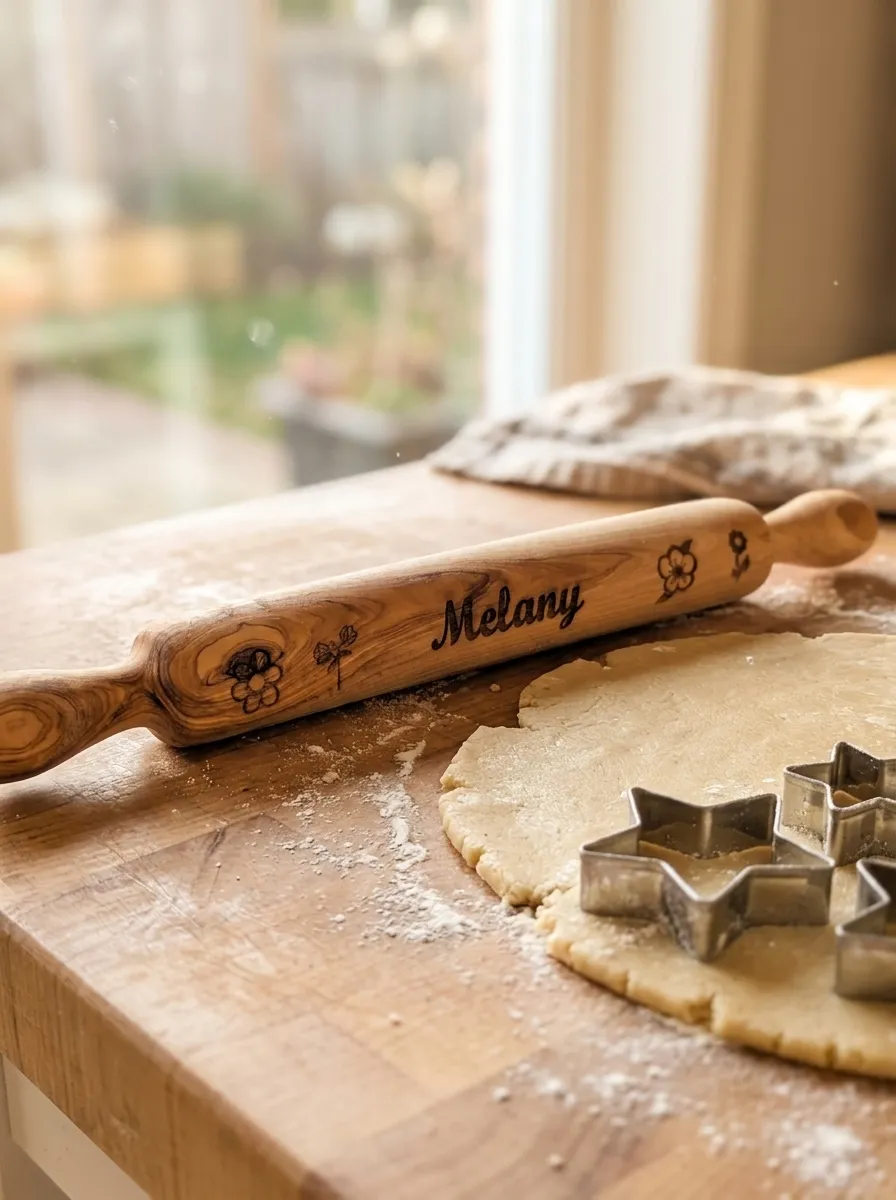 Engraved wood rolling pin resting on a floured wooden counter next to a rolled-out round of dough and cookie cutters