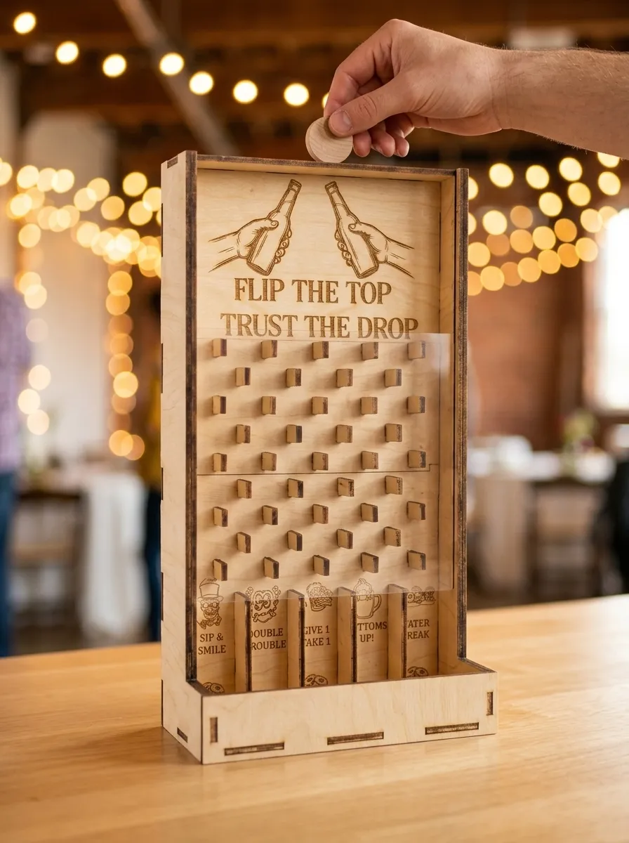 The prize drop board on a table at a softly lit event as a hand drops a wooden disc from the top