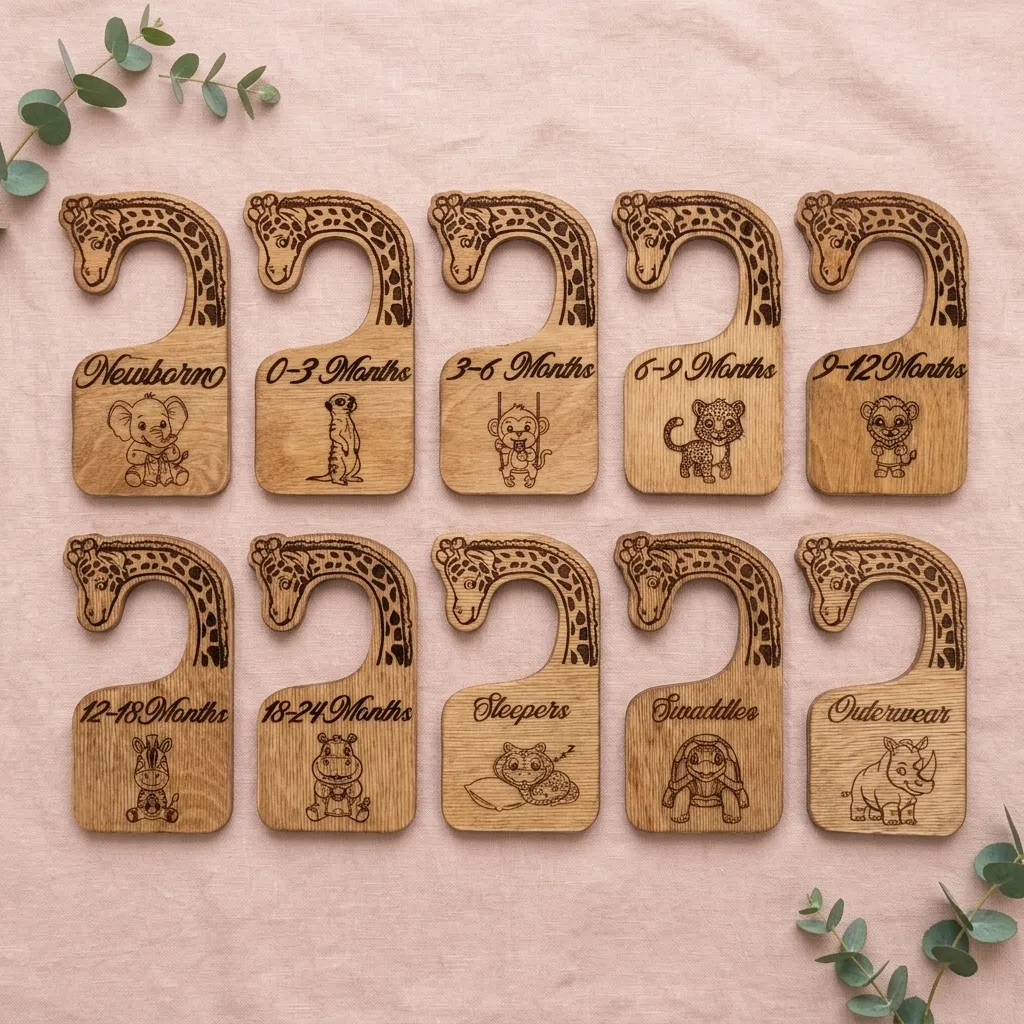 Flatlay of the complete safari nursery closet divider set, all ten giraffe-neck tags in two rows on a pink linen backdrop with eucalyptus, each engraved with its label and its own animal