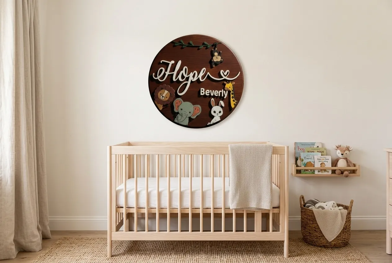 A round wood baby name sign mounted above a wooden crib in a styled nursery, shown at real-world scale beside the crib, a shelf, and a basket