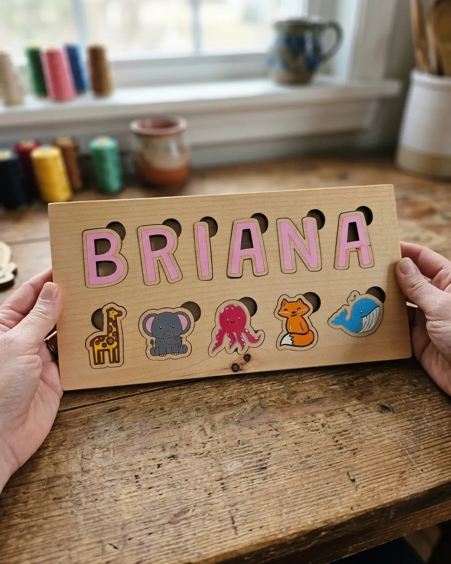 Two hands holding the wood name puzzle to show its actual size, on a wooden table with sewing spools in the background
