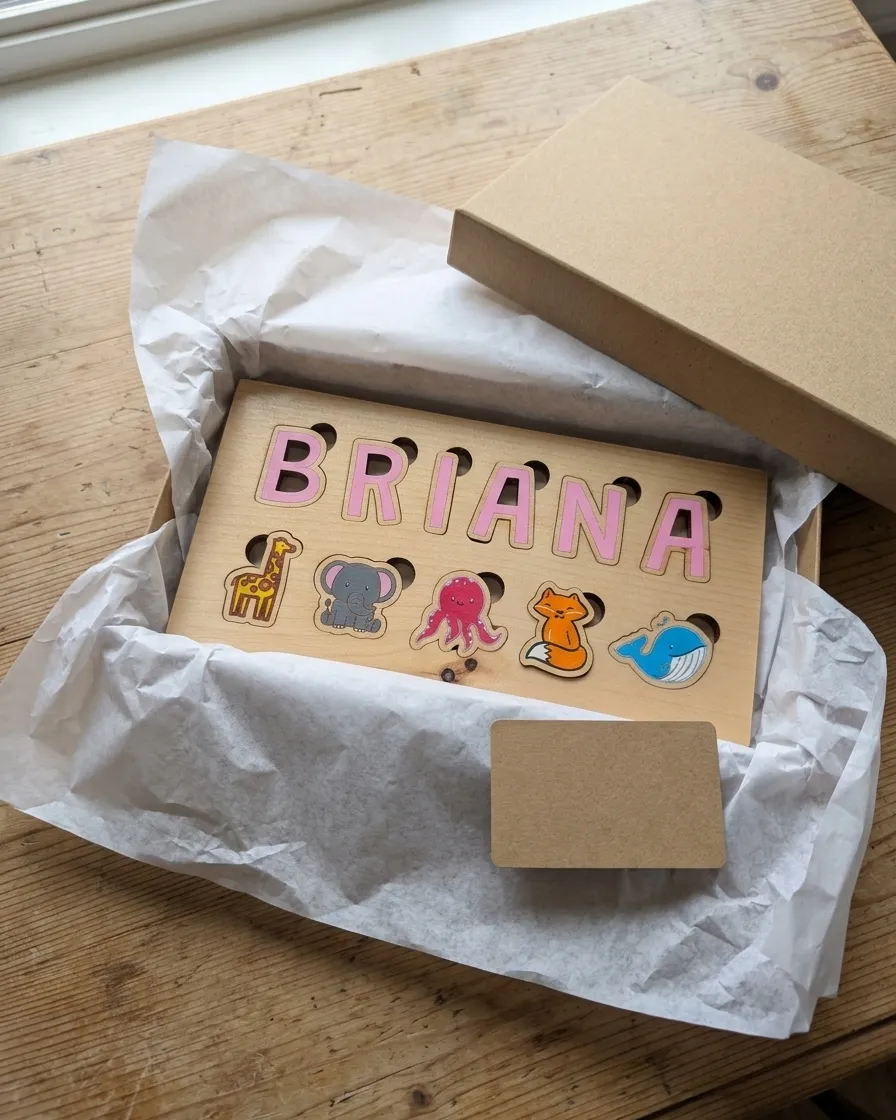 Wood name puzzle resting in tissue paper inside an open kraft gift box beside a blank kraft note card
