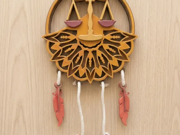 Layered wood Libra zodiac wall art on a light oak background: a gold and amber ring holding the Libra scales with two dusty-rose pans above a layered mandala of pointed petals, with white cords below carrying four coral-red wood feathers
