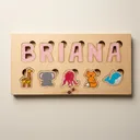 Rectangular solid wood name puzzle on a warm neutral surface, spelling Briana in pink painted letters with a finger hole above each one, and five painted animal pieces below: a giraffe, an elephant, an octopus, a fox, and a whale