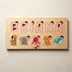 Solid wood name puzzle seen from directly above on a warm neutral surface, every letter and animal piece seated in its own routed recess