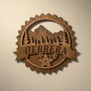 Round layered walnut-stained mountain sign: a ring, mountain range with pine trees, a name on a raised ribbon banner, and columbine flowers below