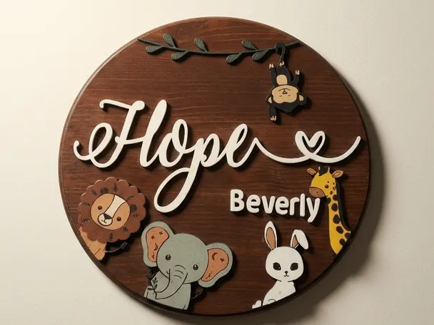 Round Baltic birch nursery sign, dark walnut stain, raised white script name and hand-painted safari animals