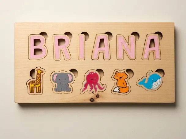 Personalized wooden name puzzle spelling Briana in pink hand-painted letters, a finger hole above each one, over five painted animal pieces: giraffe, elephant, octopus, fox and whale