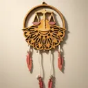 Layered wood Libra zodiac wall art on a warm neutral backdrop: a gold and amber ring holding the Libra scales with two dusty-rose pans above a layered mandala of pointed petals, with four white cords below carrying four coral-red wood feathers