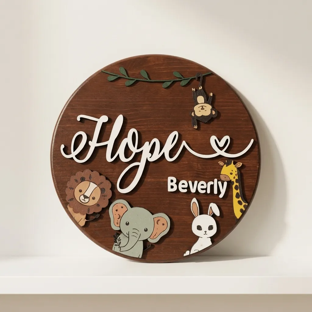 Round dark-stained Baltic birch baby name sign leaning on a white shelf, raised white script and block names, hand-painted lion, elephant, giraffe, hanging monkey and bunny, and a leaf vine
