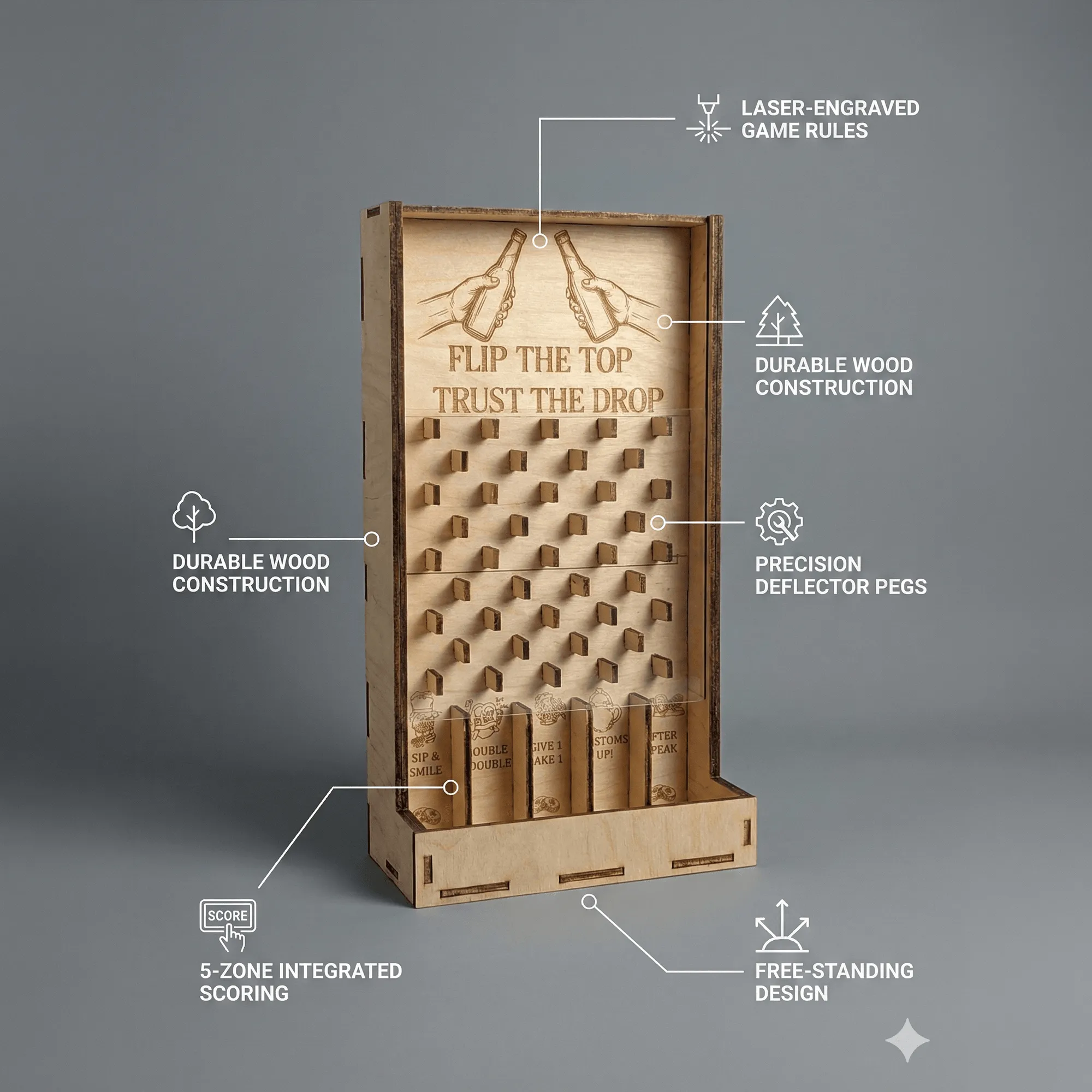 Labeled diagram of the Baltic birch prize drop board identifying the header engraving area, peg field, and seven slot dividers
